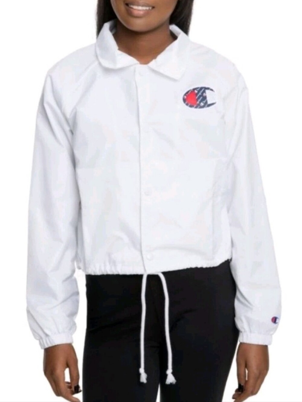 Champion White Cropped Coach Jacket with Patch Logo Size Girls Medium